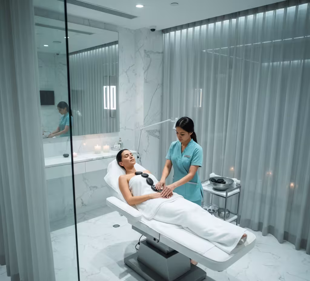 Client enjoying skin care and massage at Queens Club Nirvana Spa Islamabad.