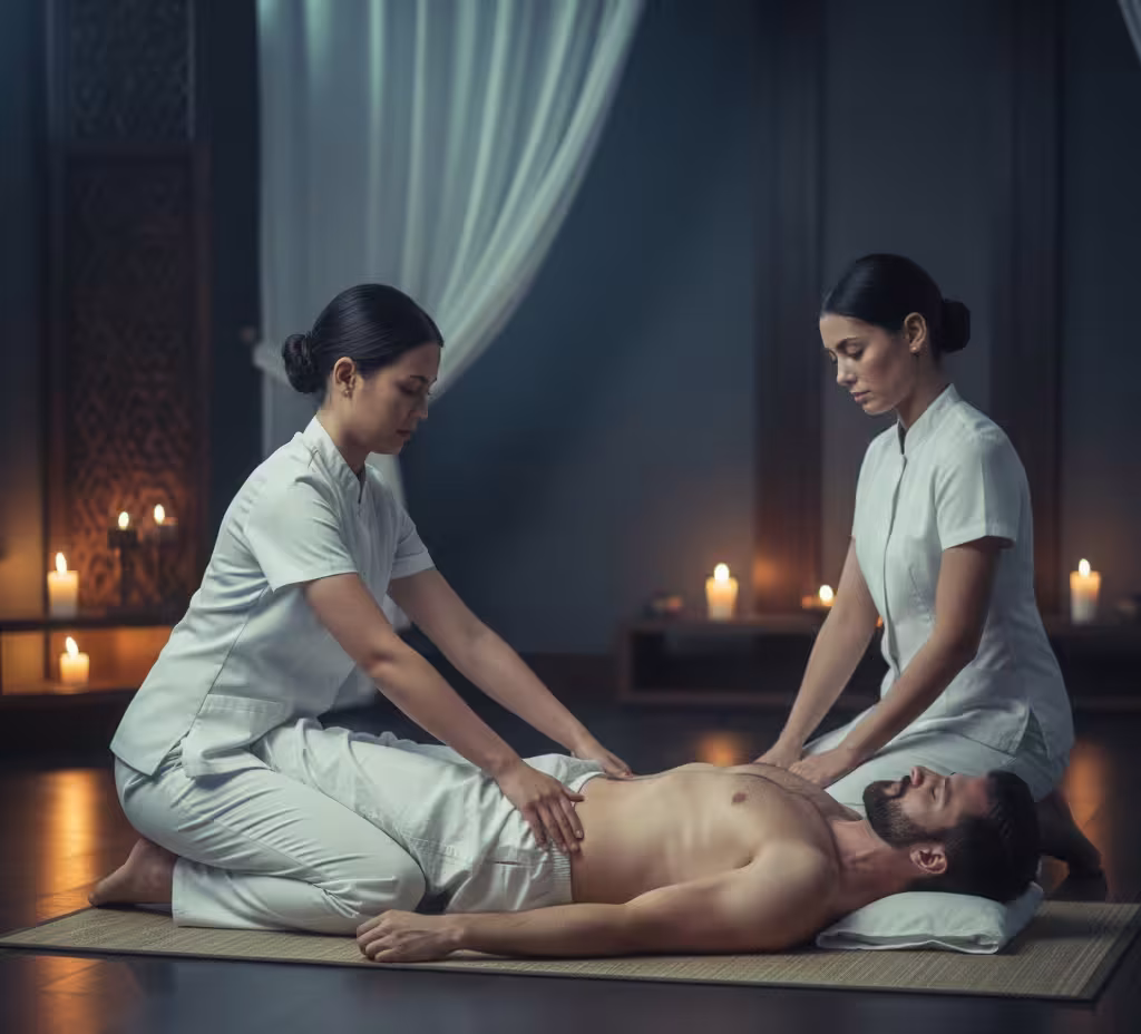 Client enjoying Thai massage with assisted stretching at Queens Club Nirvana Spa Islamabad.
