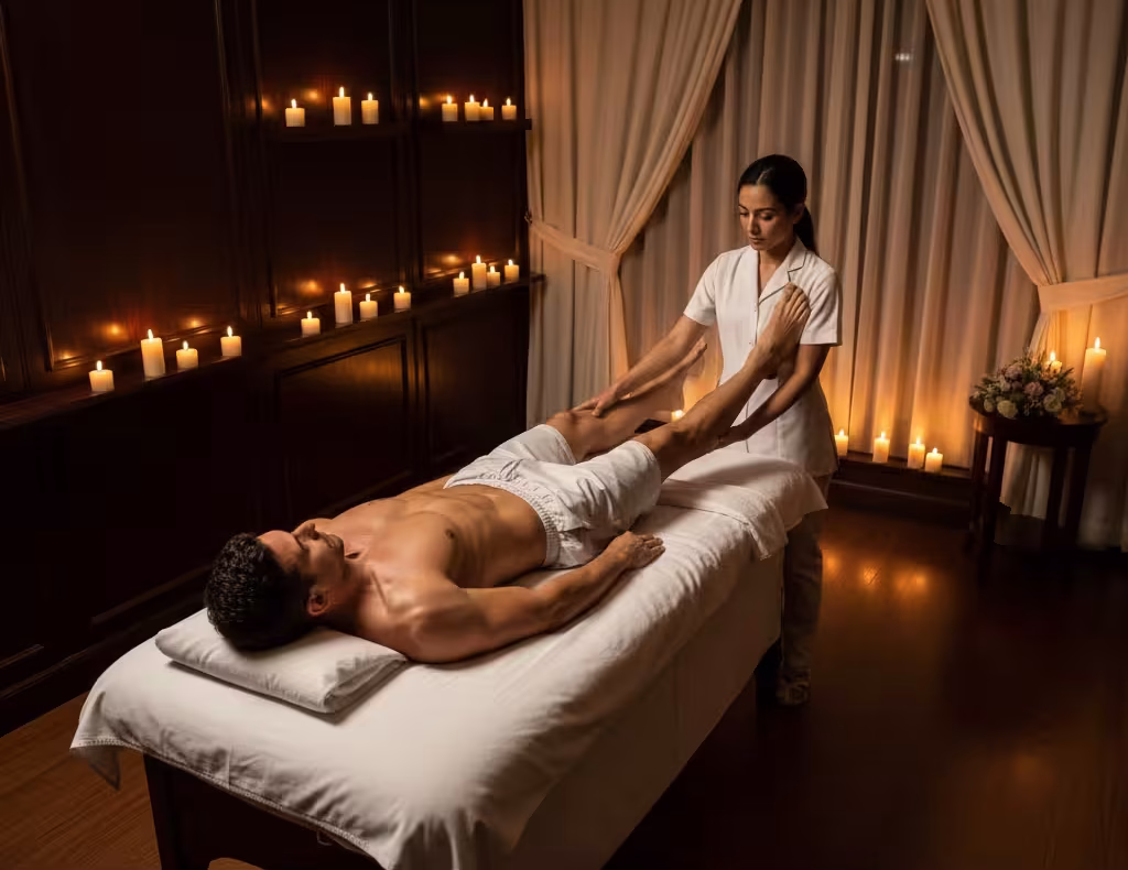 Therapist stretching athlete’s leg during sports massage at Queens Club Nirvana Spa Islamabad.