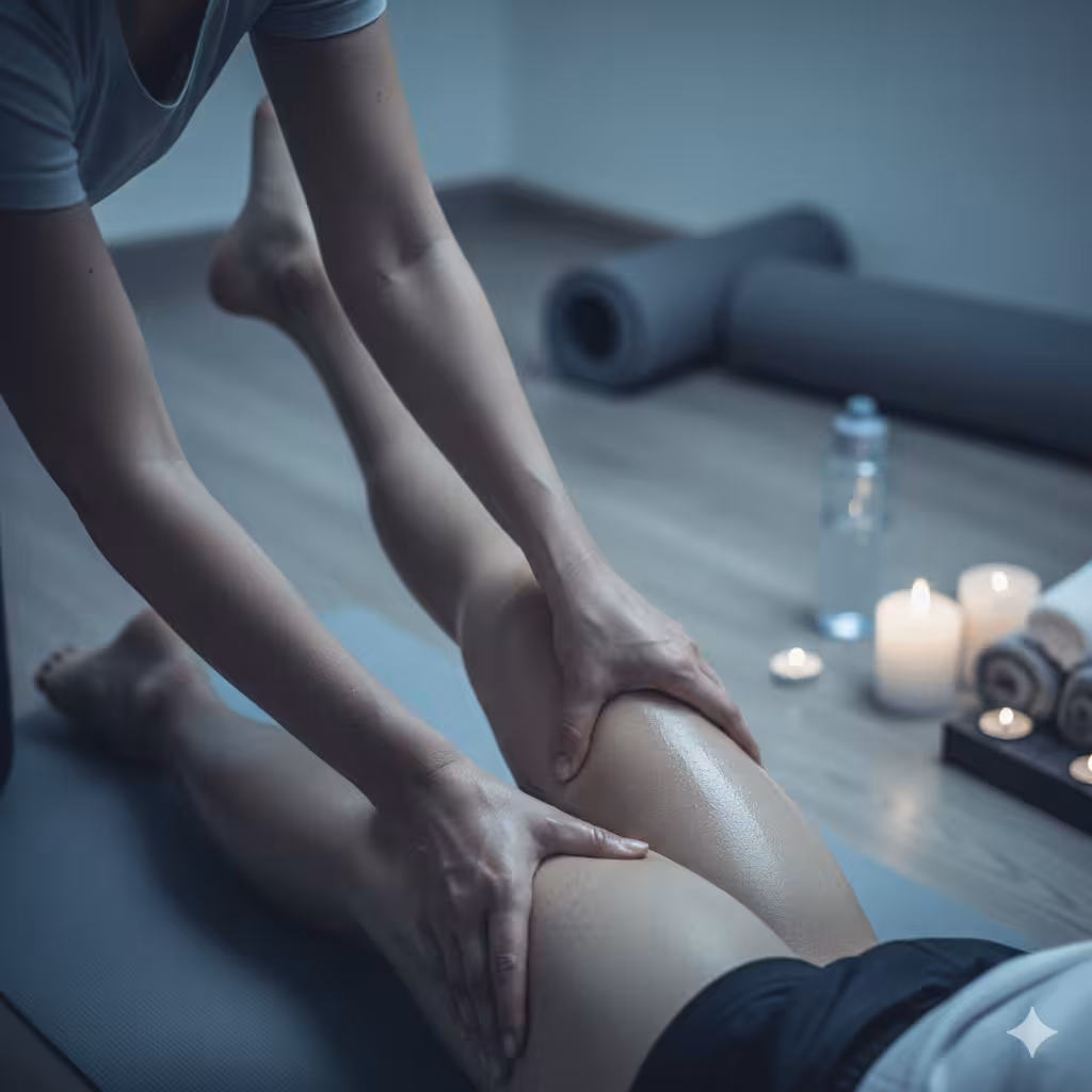 Close‑up of therapist massaging calf muscles during sports massage at Queens Club Nirvana Spa Islamabad.