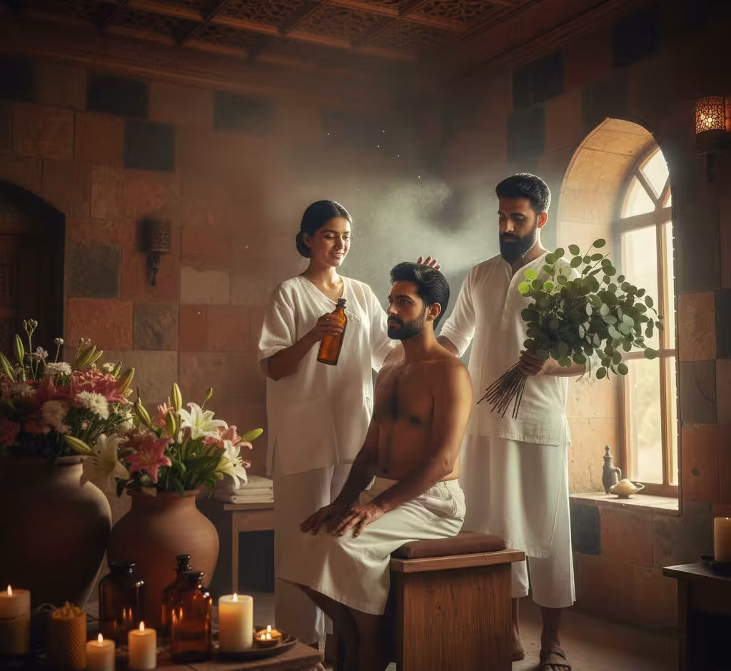 Client enjoying Swedish massage with calming diffuser scents at Queens Club Nirvana Spa Islamabad.