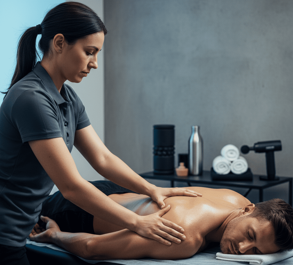 Athlete receiving sports massage for muscle recovery at Queens Club Nirvana Spa Islamabad.