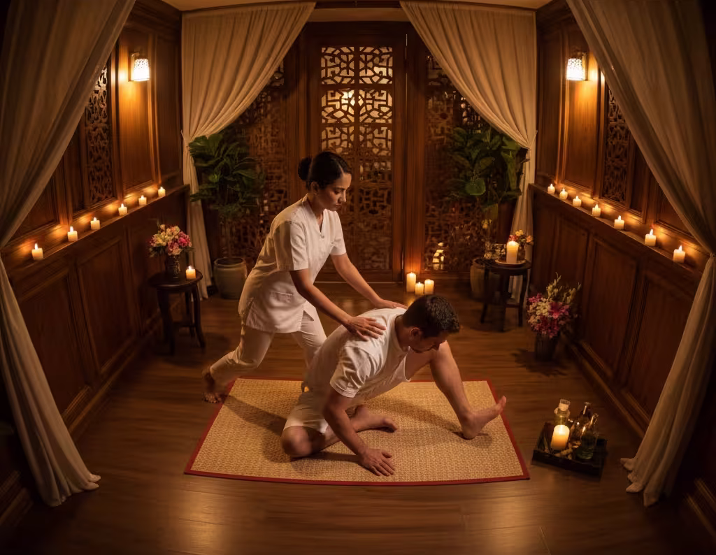 Close‑up of therapist applying acupressure during Thai massage at Queens Club Nirvana Spa Islamabad.