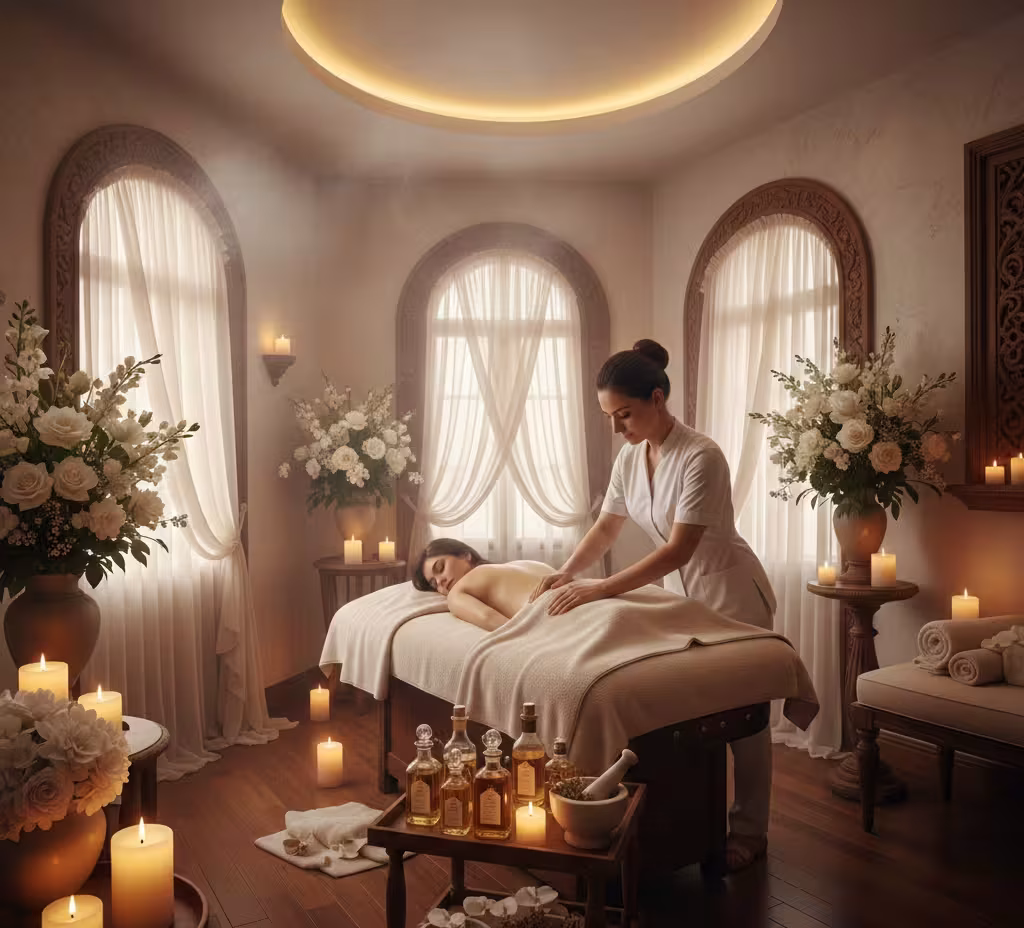 Therapist applying essential oils during aromatherapy massage at Queens Club Nirvana Spa Islamabad.
