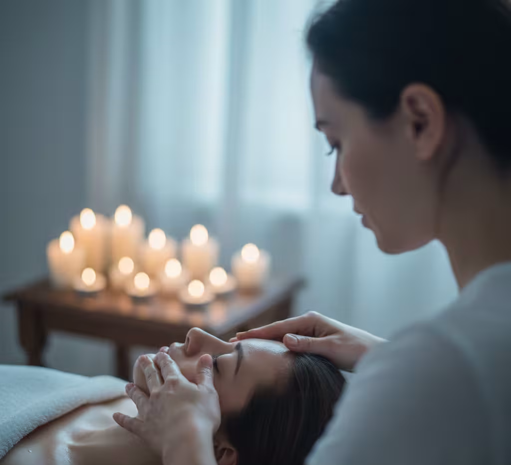 Close‑up of therapist massaging client’s face during skin care treatment at Queens Club Nirvana Spa Islamabad.