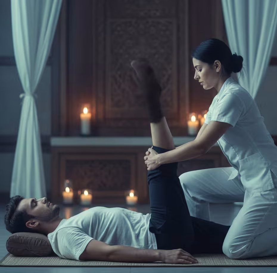 Therapist guiding client through assisted stretching during Thai massage at Queens Club Nirvana Spa Islamabad.