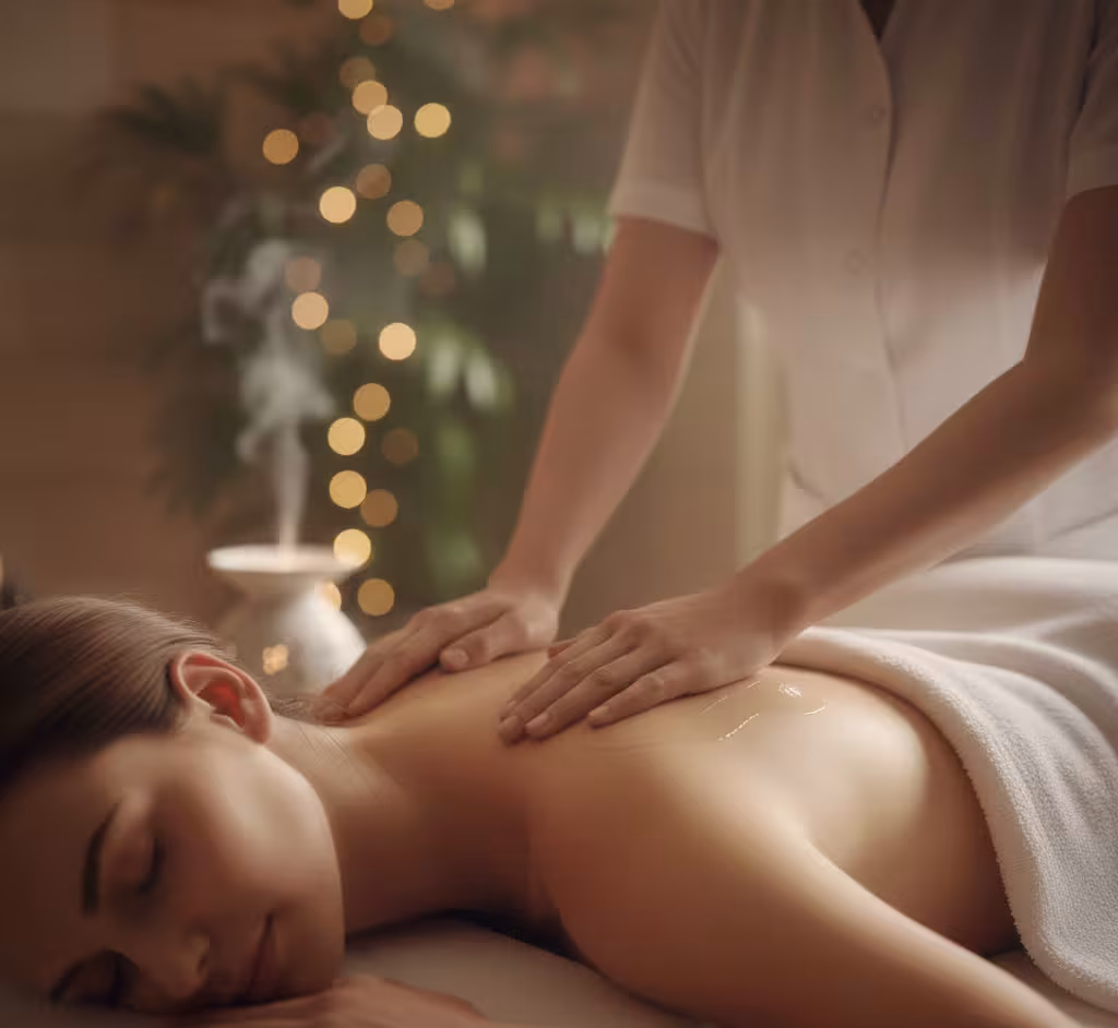 Close‑up of therapist’s hands applying Swedish massage oil at Queens Club Nirvana Spa Islamabad.